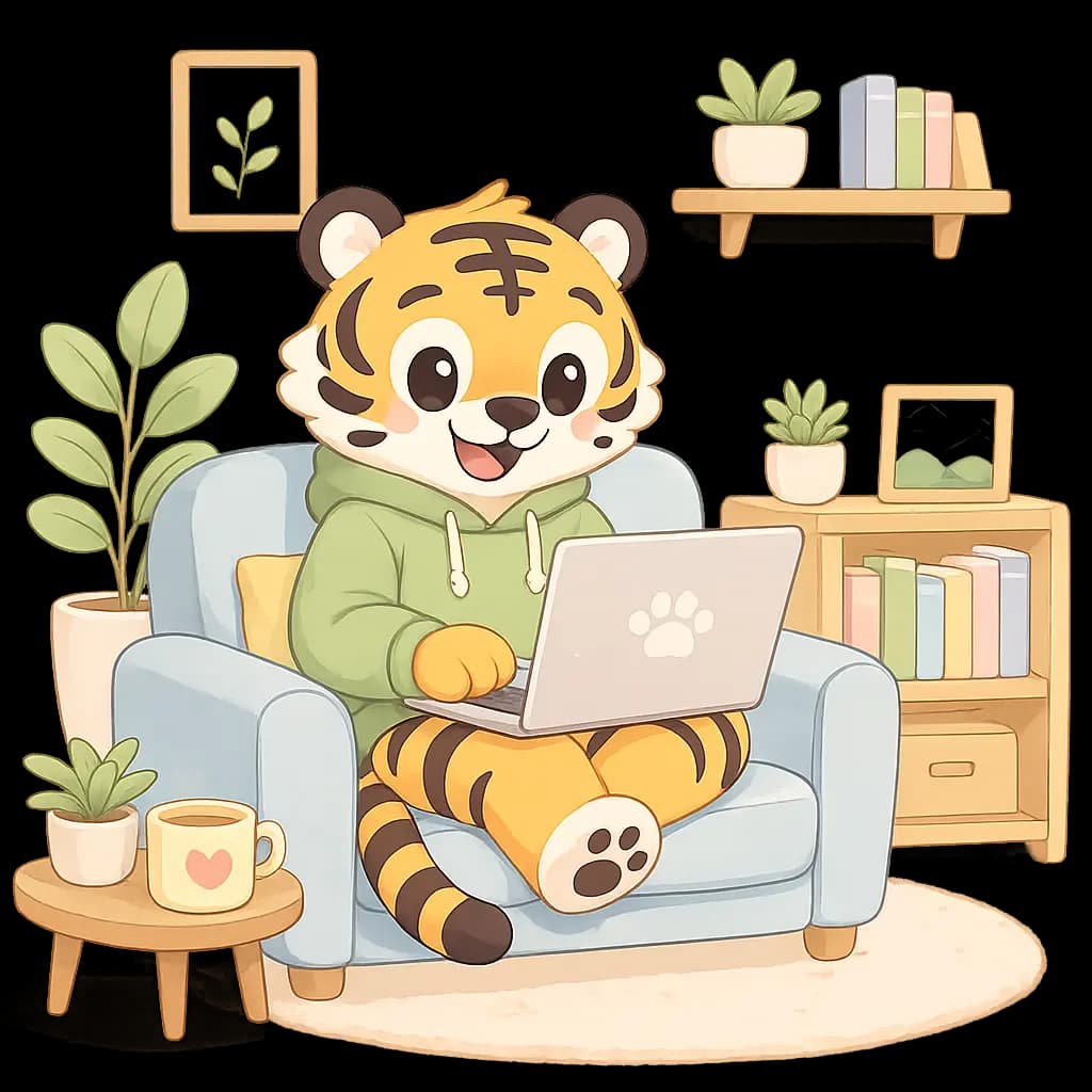 Tiger studying on a couch with a laptop